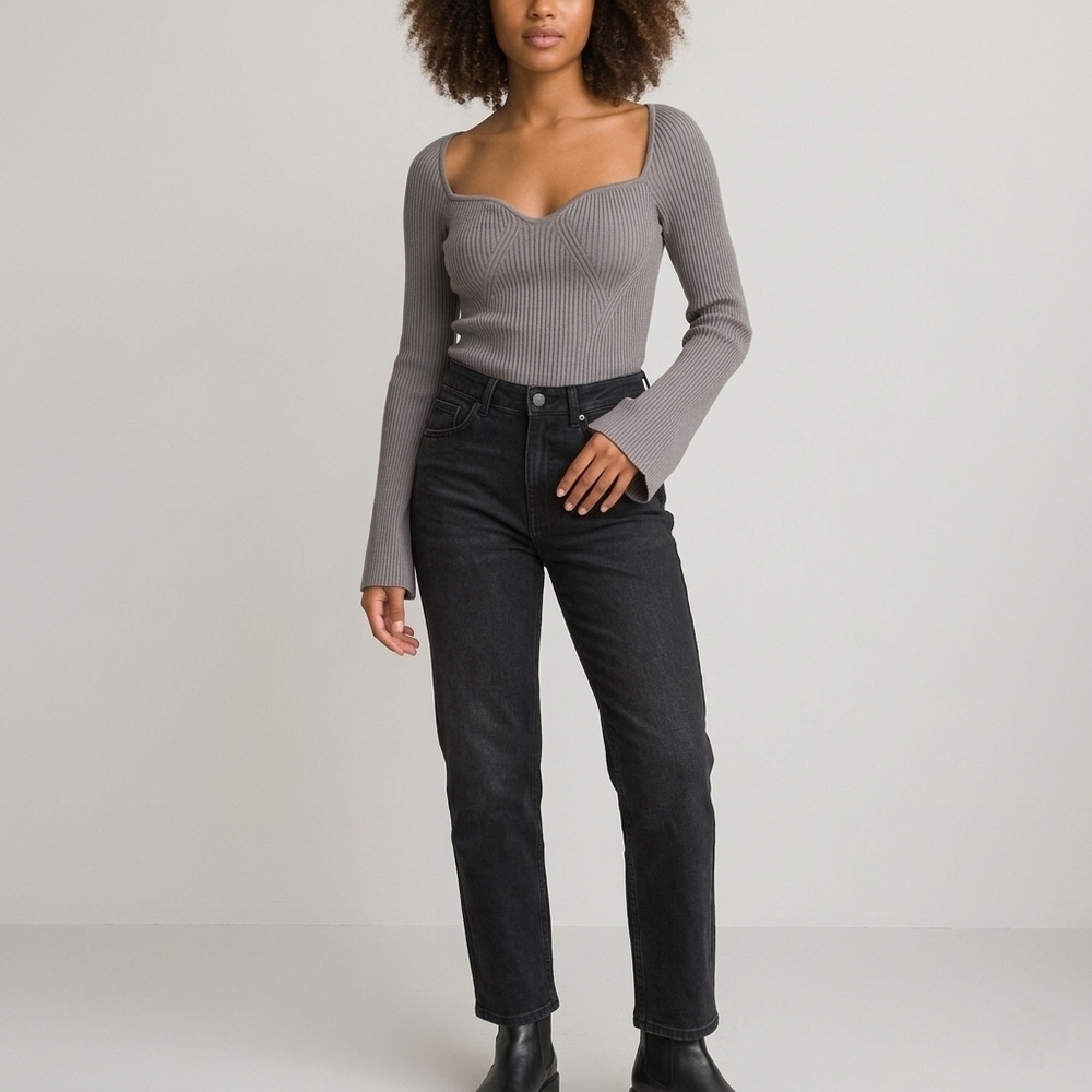 BNWT H&M Rib-knit L Bell Sleeve Sweetheart Neck Gray Sweater Minimalist Neutral - Picture 2 of 11